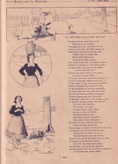Illustration par Benjamin Rabier 1909 du conte de Jean de La Fontaine La Laitière et le Pot au Lait - par Als33120 sous licence creative common.
