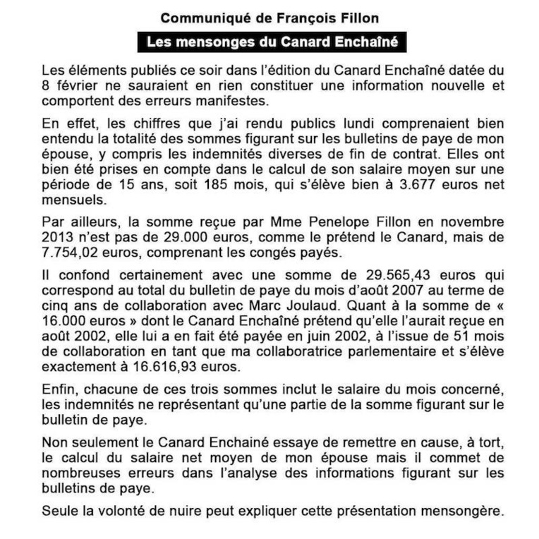 La riposte de François Fillon suite à l'article du Canard Enchaîné du 8 février 2017