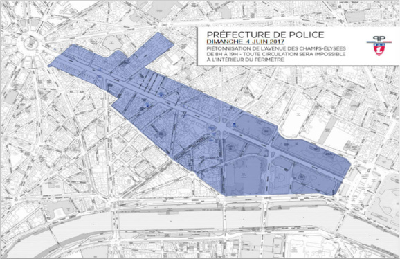 Le plan de circulation pour l'avenue piétonnière des Champs-Elysées et le Paris Drone Festival © Préfecture de police de Paris.