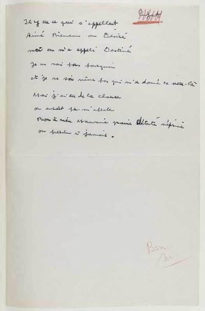 (c) Drouot - Manuscrit autographe signé de Jacques Prévert (1900-1977)