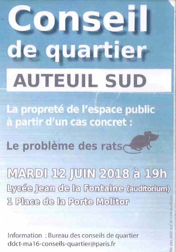 Le 12 juin 2018 : Les rats à l'ordre du jour du conseil de quartier Auteuil Sud dans le 16e arrondissement. Le 12 juin 2018 : Les rats à l'ordre du jour du conseil de quartier Auteuil Sud dans le 16e arrondissement.