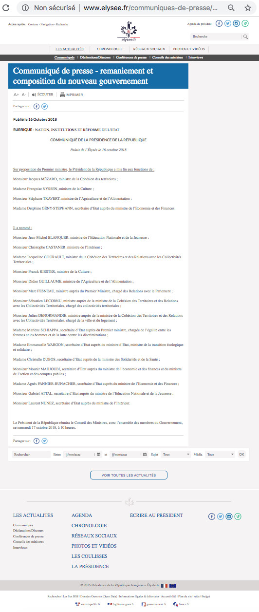 L'Elysée oublie l'outre-mer dans le communiqué annonçant la composition du gouvernement remanié © capture d'écran du site de l'Elysée.