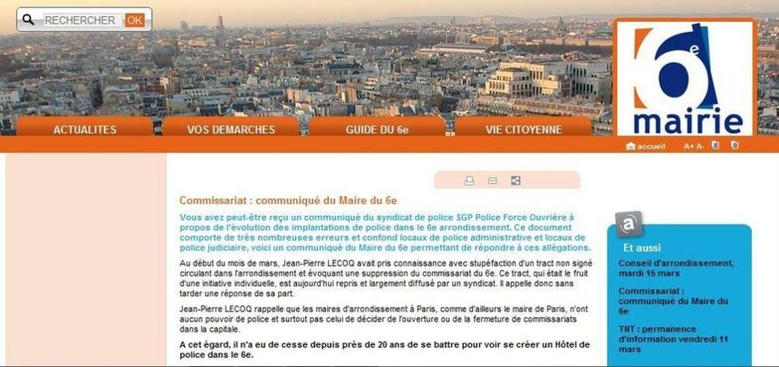 Communiqué de la mairie du 6e arrondissement publié le 9 mars 2011 sur le site de la mairie du 6e. Communiqué de la mairie du 6e arrondissement publié le 9 mars 2011 sur le site de la mairie du 6e.