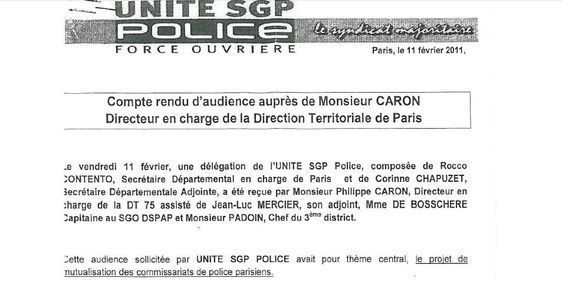 Compte-rendu d'audience du syndicat SGP Police Force Ouvrière, 11 février 2011.