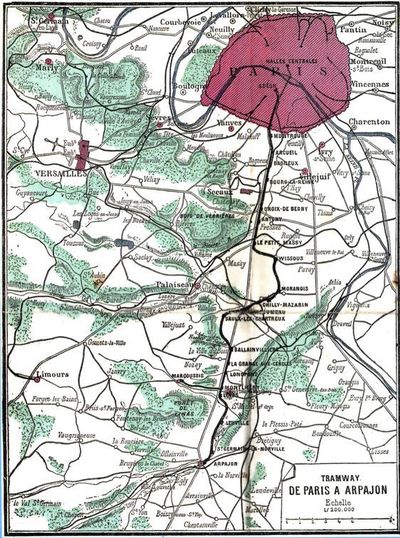 Carte de la ligne Paris - Arpajon extraite du Guide rose de 1899. Photo : Col. Renaissance & Culture.