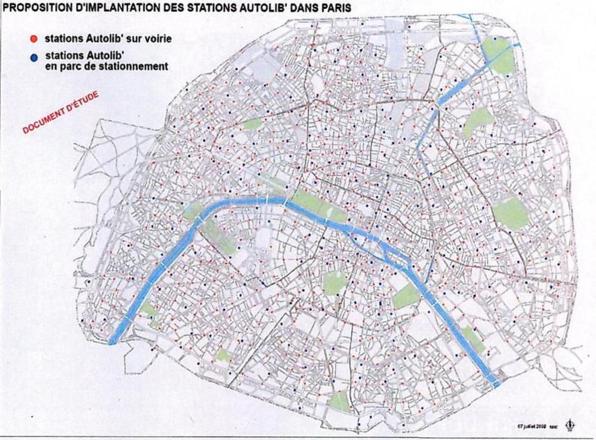 Juillet 2008 : Carte d'implantation possibles d'Autolib' à Paris, entre stations de surfaces et station dans des parkings sous terrain - Mairie de Paris.