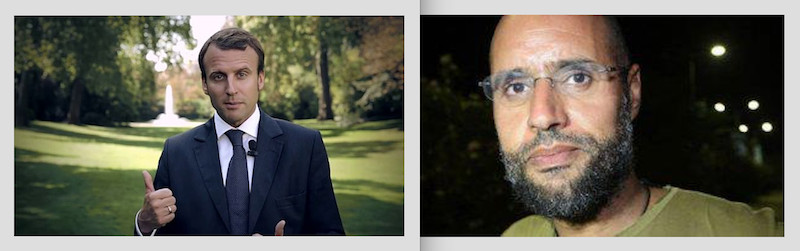 A gauche : Emmanuel Macron en septembre 2014 © CC-BY SA 3.0 France - A droite : Saif al-Islam Kadhafi.