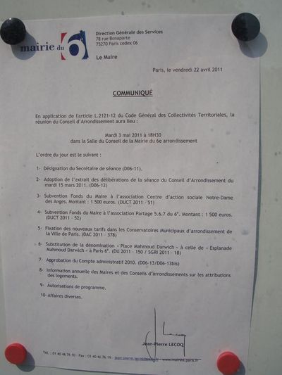 Communiqué de la mairie du 6e : l'ordre du jour du conseil d'arrondissement du mois de mai 2011.