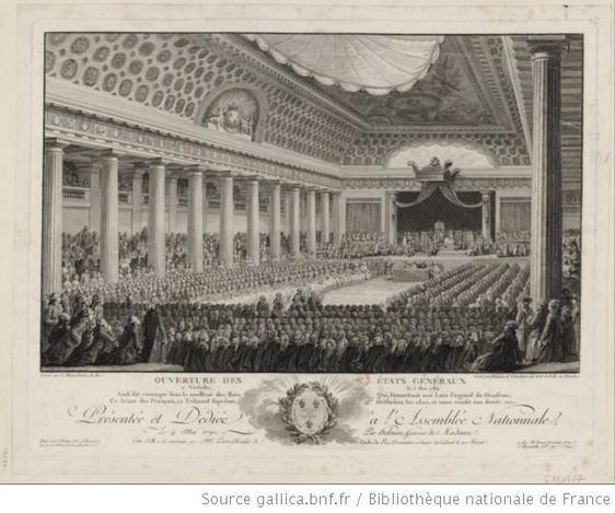 Ouverture des Etats Généraux à Versailles, le 5 mai 1789 : présentée et dédiée à l'Assemblée Nationale, le 4 mai 1790, par Helman : estampe ; dessiné par C. Monnet ; gravé par Helman ; eau-forte de A.J. Duclos.