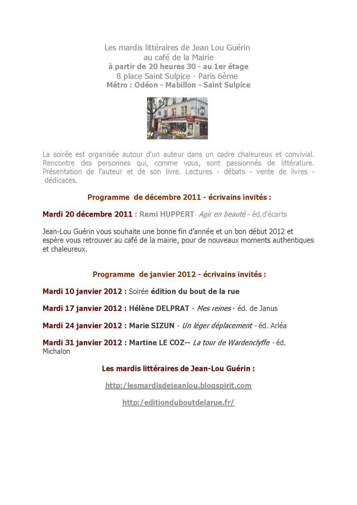 Janvier 2012 : programme des mardis littéraires place Saint Sulpice