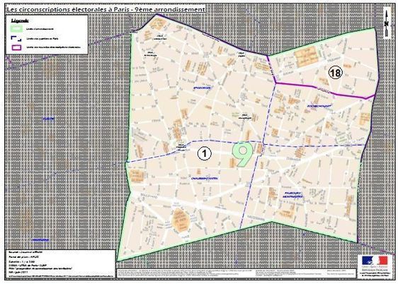 Le 9e arrondissement à cheval sur la 1ere et la 18e circonscription de Paris (c) Ministère de l'Intérieur. Le 9e arrondissement à cheval sur la 1ere et la 18e circonscription de Paris (c) Ministère de l'Intérieur.