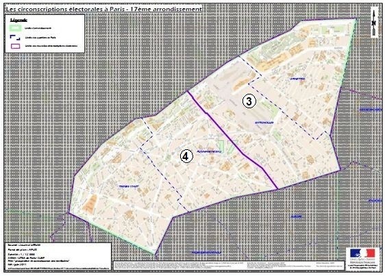 Le 17e arrondissement à cheval sur la 3e et la 4e circonscription de Paris (c) Ministère de l'Intérieur. Le 17e arrondissement à cheval sur la 3e et la 4e circonscription de Paris (c) Ministère de l'Intérieur.