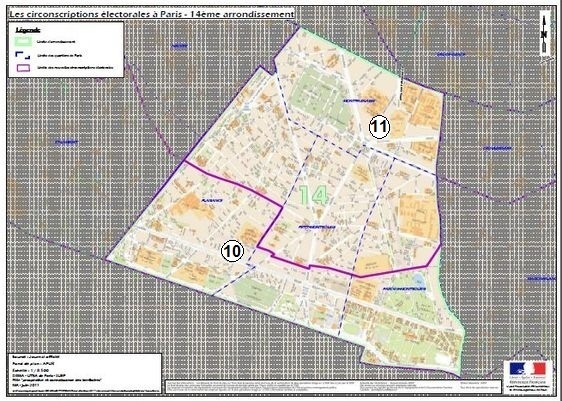 Le 14e arrondissement à cheval sur la 10e et la 11e circonscription de Paris (c) Ministère de l'Intérieur. Le 14e arrondissement à cheval sur la 10e et la 11e circonscription de Paris (c) Ministère de l'Intérieur.