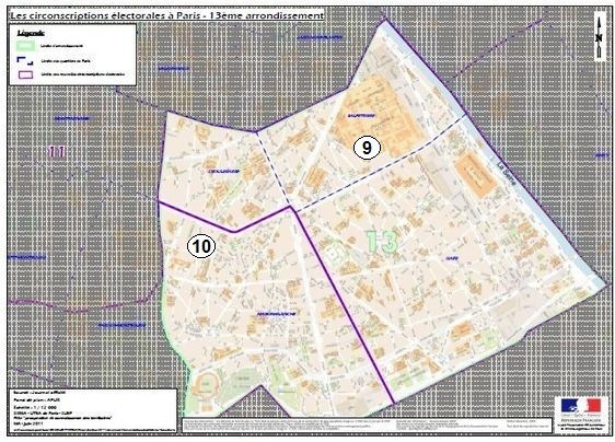 Le 13e arrondissement à cheval sur la 9e et la 10e circonscription de Paris (c) Ministère de l'Intérieur. Le 13e arrondissement à cheval sur la 9e et la 10e circonscription de Paris (c) Ministère de l'Intérieur.