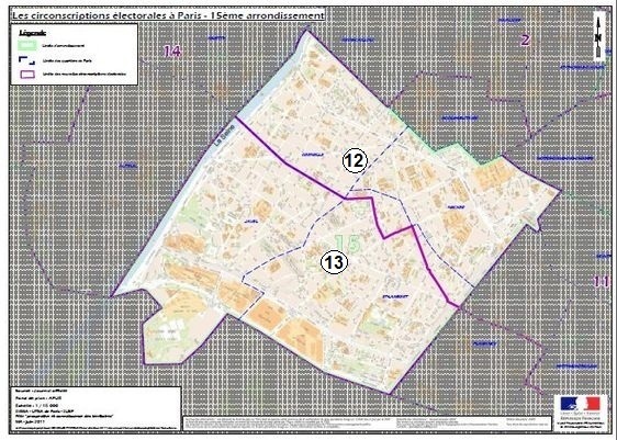 Le 15e arrondissement à cheval sur la 12e et la 13e circonscription de Paris (c) Ministère de l'Intérieur. Le 15e arrondissement à cheval sur la 12e et la 13e circonscription de Paris (c) Ministère de l'Intérieur.