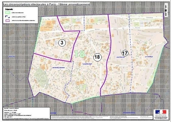 Le 18e arrondissement à cheval sur la 3e, la 17e et la 18e circonscription de Paris (c) Ministère de l'Intérieur. Le 18e arrondissement à cheval sur la 3e, la 17e et la 18e circonscription de Paris (c) Ministère de l'Intérieur.