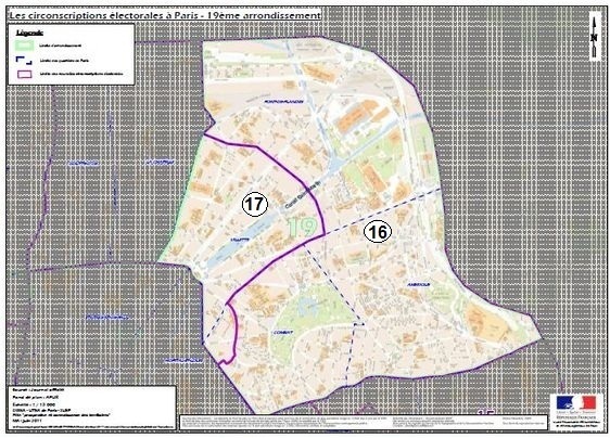 Le 19e arrondissement à cheval sur la 16e et la 17e circonscription de Paris (c) Ministère de l'Intérieur. Le 19e arrondissement à cheval sur la 16e et la 17e circonscription de Paris (c) Ministère de l'Intérieur.