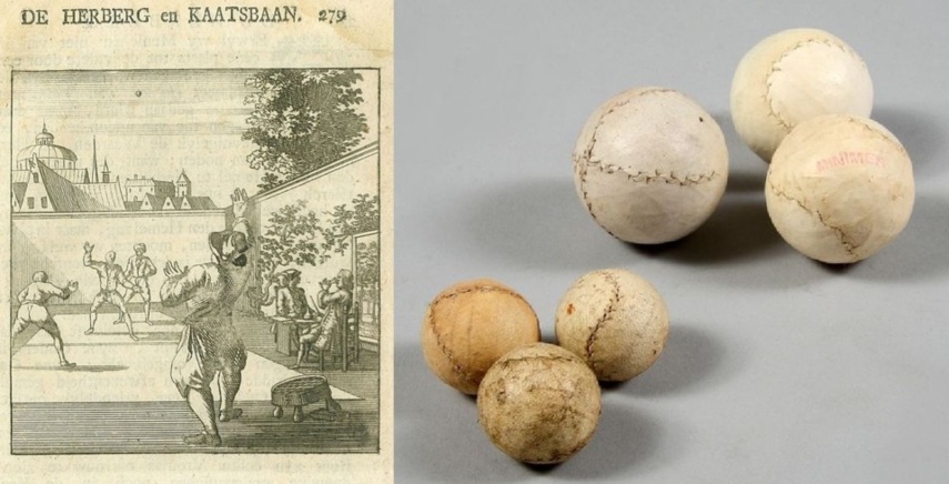 A gauche : lot 126 gravure jeu de paume - A droite : lot 124 lot de 6 balles de jeu de paume (c) Etude Olivier Coutau-Bégarie.