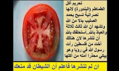 La preuve par l'image du Popular Egyptian Islamic Association : la photo d'une tomate coupée en deux montre une croix chrétienne (c) Popular Egyptian Islamic Association (Egypte) sur Facebook - juin 2012. La preuve par l'image du Popular Egyptian Islamic Association : la photo d'une tomate coupée en deux montre une croix chrétienne (c) Popular Egyptian Islamic Association (Egypte) sur Facebook - juin 2012.