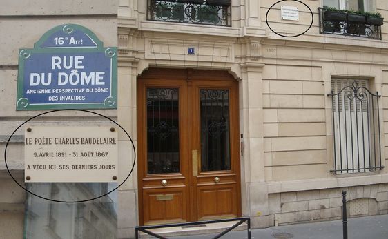 Plaque en hommage à Charles Baudelaire au 1 rue du Dôme dans le 16e arrondissement de Paris.