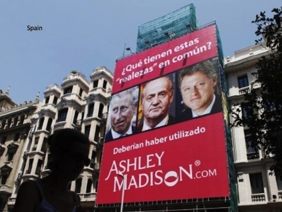 Précédente campagne censurée en Espagne mettant en scène le Prince Charles, le Roi d'Espagne et l'ancien Président américain Bill Clinton (c) Ashley Madison.
