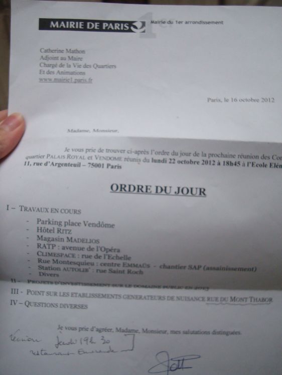 L'ordre du jour du conseil de quartier Palais Royal Vendôme le 22 octobre 2012  à 18h45 ne mentionne pas l'ouverture d'un Resto du Coeur rue Saint-Roch.
