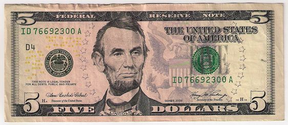 SPECIMEN : Billet specimen 5 USD à l'effigie d'Abraham Lincoln. SPECIMEN : Billet specimen 5 USD à l'effigie d'Abraham Lincoln.