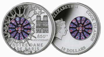 Monnaie 850 ans Notre-Dame de Paris en argent massif 925/1000, émise par les Iles Cook - Crédit photo : Association historique du Temple.