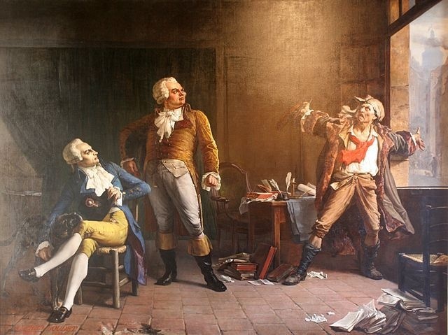 De gauche à droite : Robespierre, avec son chien danois Brount qu'il avait ramené de son voyage en Artois en 1791, Danton, et Marat : une peinture d'Alfred Loudet (1882) - Photo : David Monniaux sous licence Creative Commons