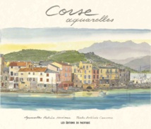 St. Florent Port et Ville, Watercolour by Fabrice Moireau, book cover Corse Aquarelles, text by Belinda Cannone