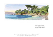 Page of book with beach adjoining Tino Rossi's property, watercolour by Fabrice Moireau, and text by Belinda Cannone ©Les Editions du Pacifique