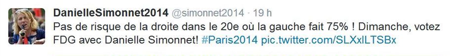 Tweet de Danielle Simonnet publié le 28 mars 2014 à 18h30.