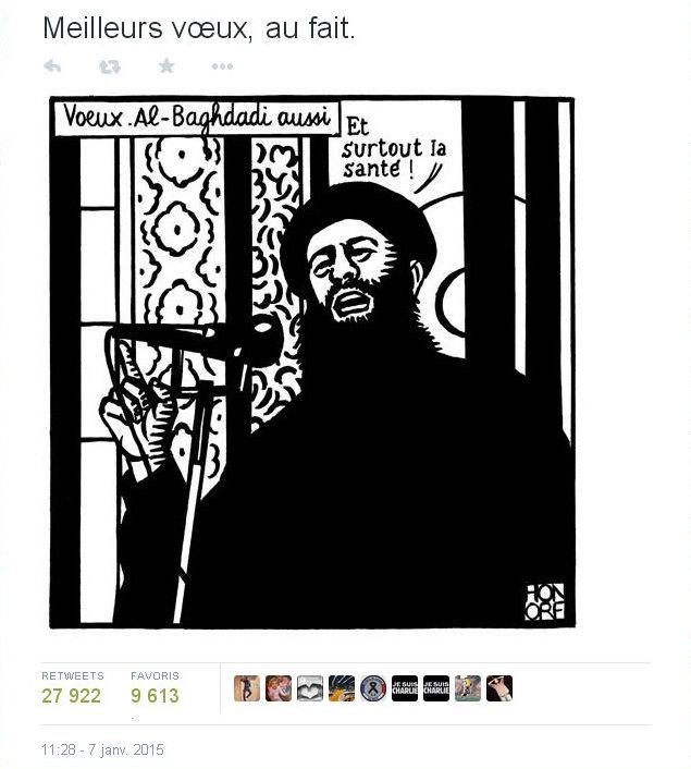 Le dernier tweet de la conférence de rédaction de Charlie Hebdo - Un dessin de Honoré, tué dans l'attentat avec Charb, Cabu, Wolinski, Tignous © Twitter
