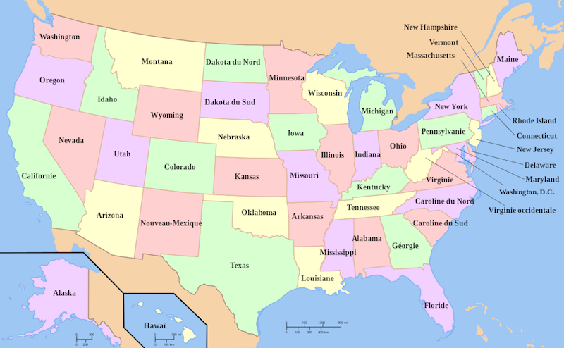 Carte géographique des Etats-Unis d'Amérique © Jaipasdepseudo sous licence Creative Commons.