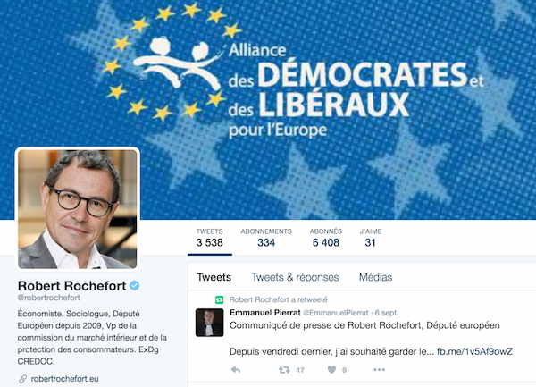 Communiqué désormais en première position sur le compte Twitter du député européen avec une redirection vers Facebook.
