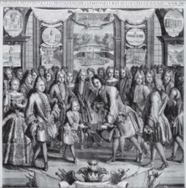 Visite de Pierre Ier de Russie à Louis XV Roi de France le 11 mai 1717. Gravure française du calendrier de 1718.