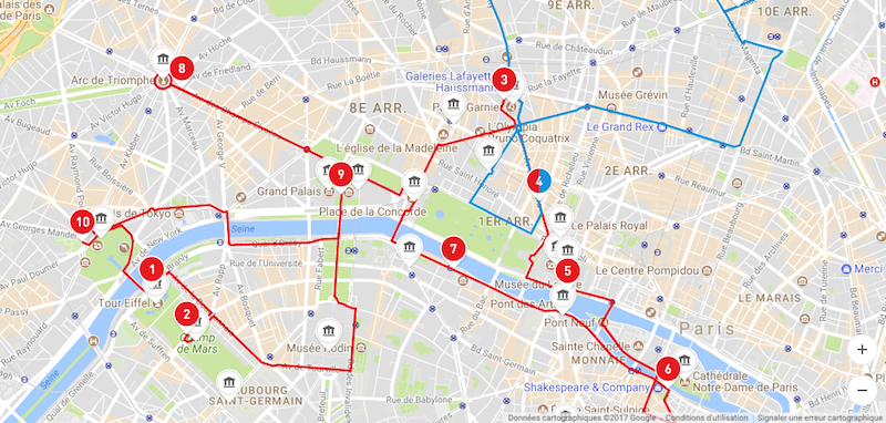 Le parcours habituel des Big Bus Paris © capture d'écran https://www.bigbustours.com/fr/paris/circuits-plans-visites-paris/