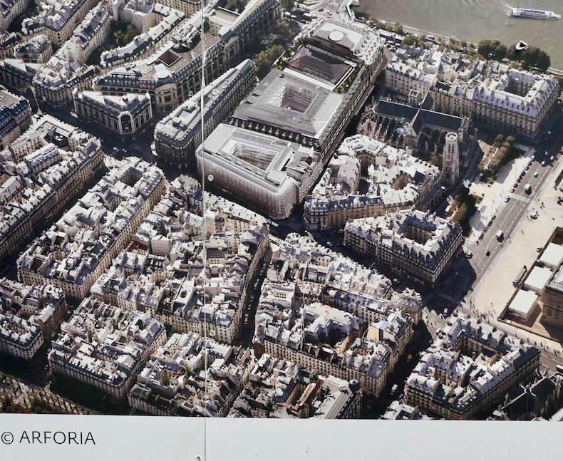 Vue aérienne sur la future Samaritaine publiée sur les murs du chantier de la Samaritaine dans le 1er arrondissement de Paris © Arforia La Samaritaine