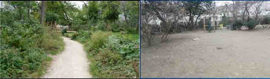 AVANT (à gauche) - APRES (à droite) : "Des espaces verts complètement détruits tel que ce beau jardin Frédéric DARD à MONTMARTRE qui est devenu un terrain de boue. Bravo l'écologie à Paris !!!" Communiqué de la CGT ASPS du 29 janvier 2020 (Extrait)