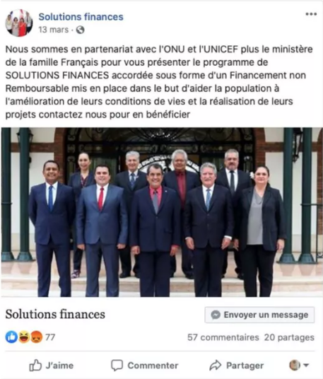 Fausse page sur Facebook avec une photo du gouvernement de la Polynésie française - communiqué de presse du 4 mai 2020.