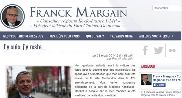 Franck Margain est bien resté n°4 sur la liste d'union UMP UDI Modem avec NKM dans le 12e - Capture d'écran.
