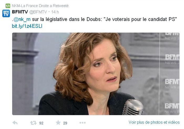 Nathalie Kosicusko-Morizet sur BFM TV retweetée par NKM - La France Droite © Twitter.