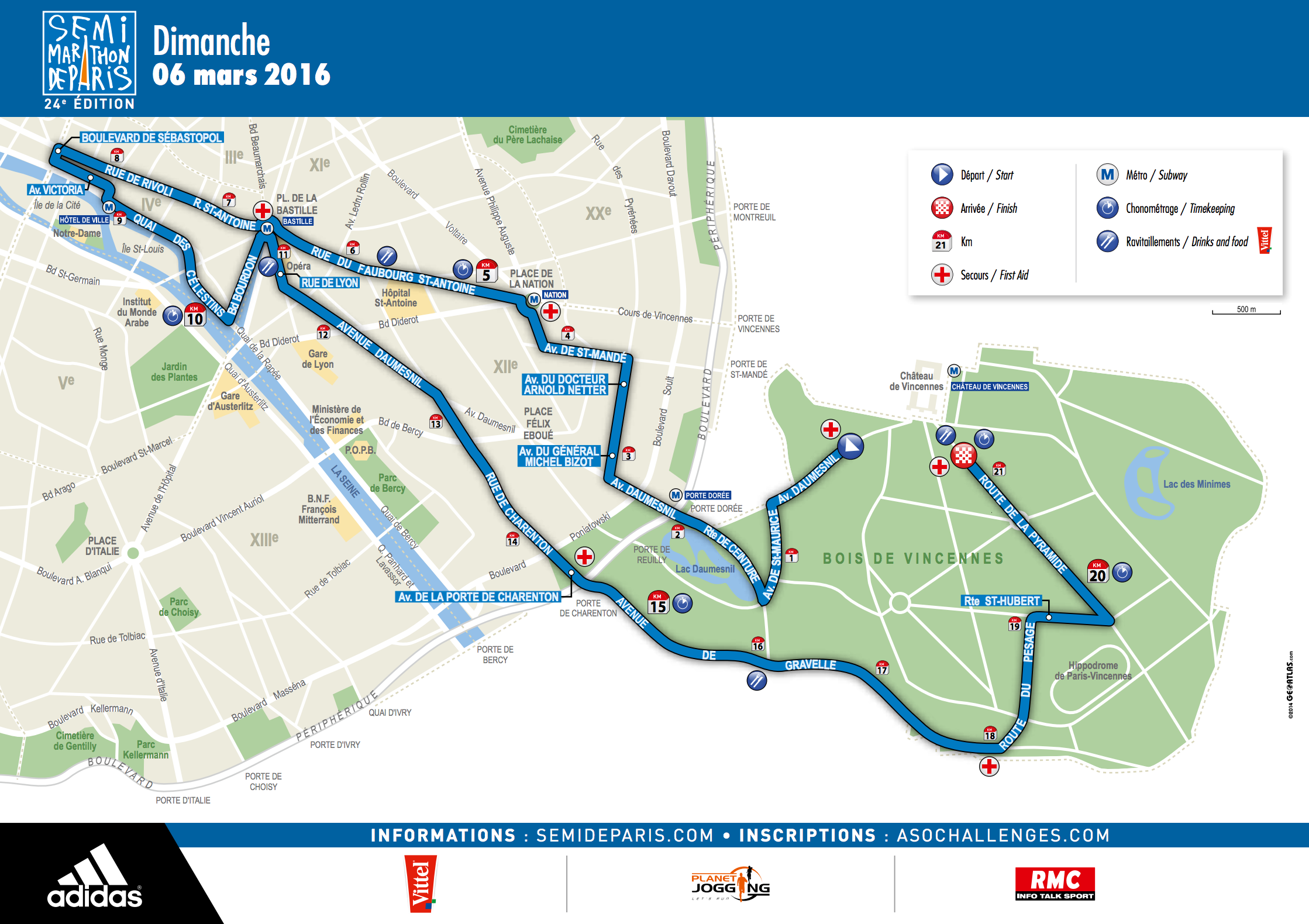 Le parcours du semi-marathon pour les Chrétiens d'Orient le 6 mars 2016 à Paris © Association SOS Chrétiens d'Orient.