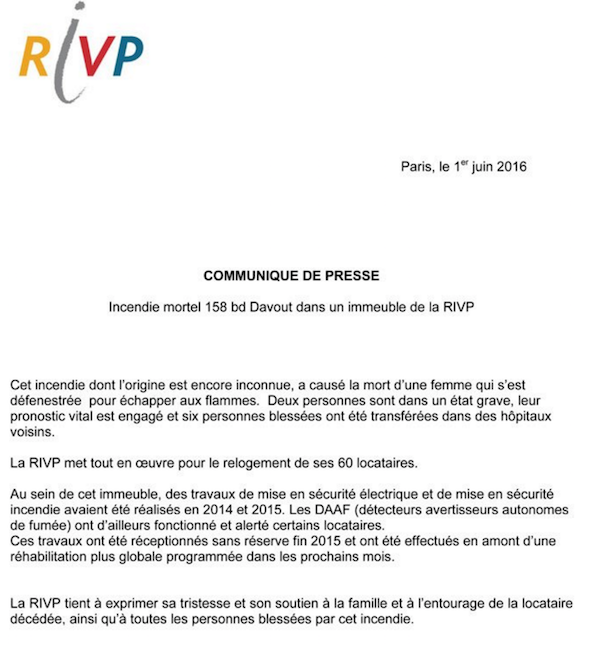 Communiqué de presse de la RIVP le 1er juin 2016 à 16h © RIVP