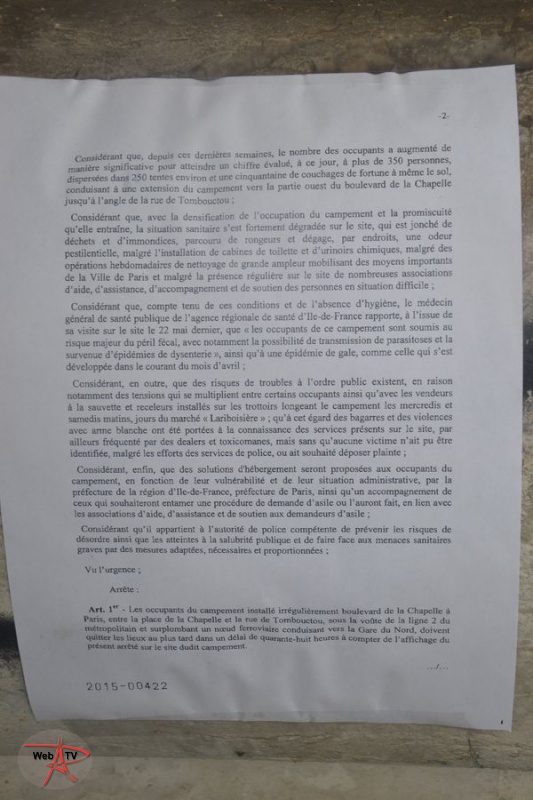 Arrêté 2015-00422 portant évacuation d'un campement installé irrégulièrement sur la voie publique Page 2