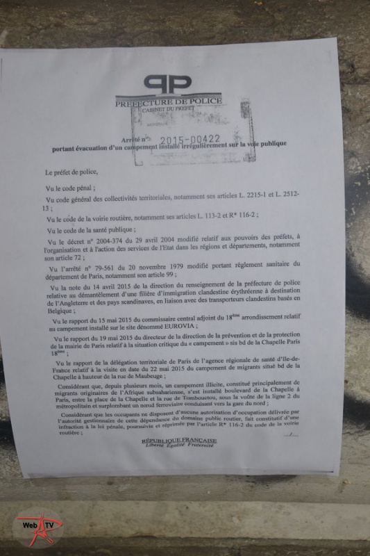 Arrêté 2015-00422 portant évacuation d'un campement installé irrégulièrement sur la voie publique Page 1